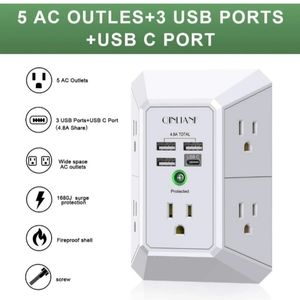 USB wall charger, Surge protector, 5 outlet extender with 4 USB charging…